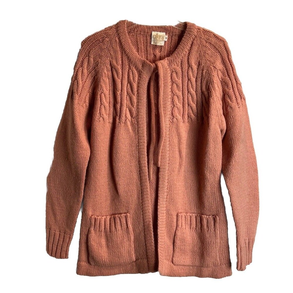 Vintage Cable Knit Cardigan Open Front Tie Closure Wool Blend Cottagecore Sz M